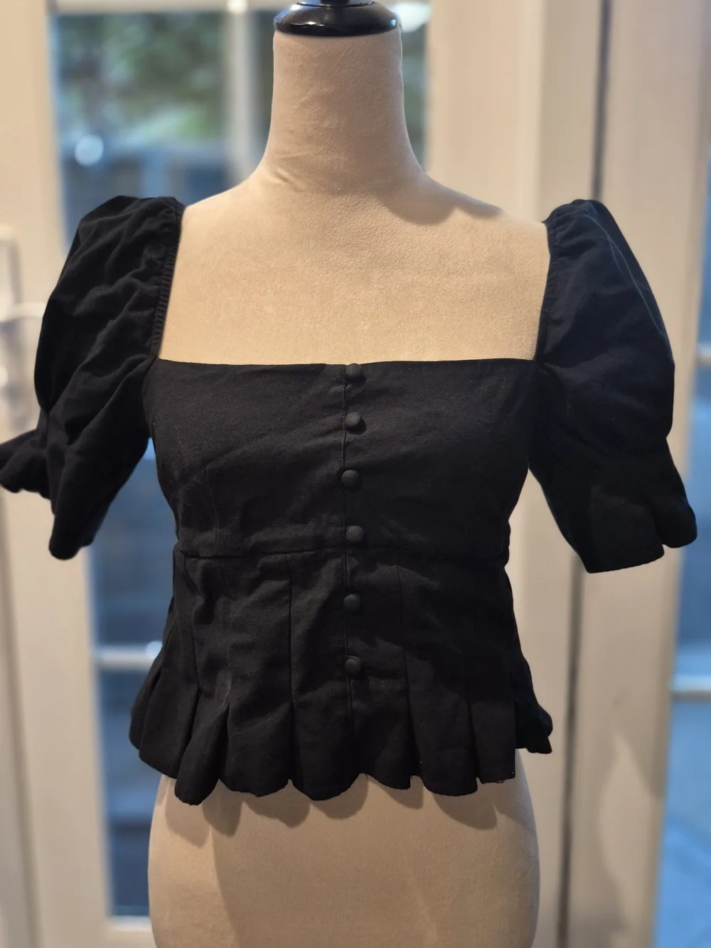 Reformation Black Square Neck Puff Sleeve Peplum Top